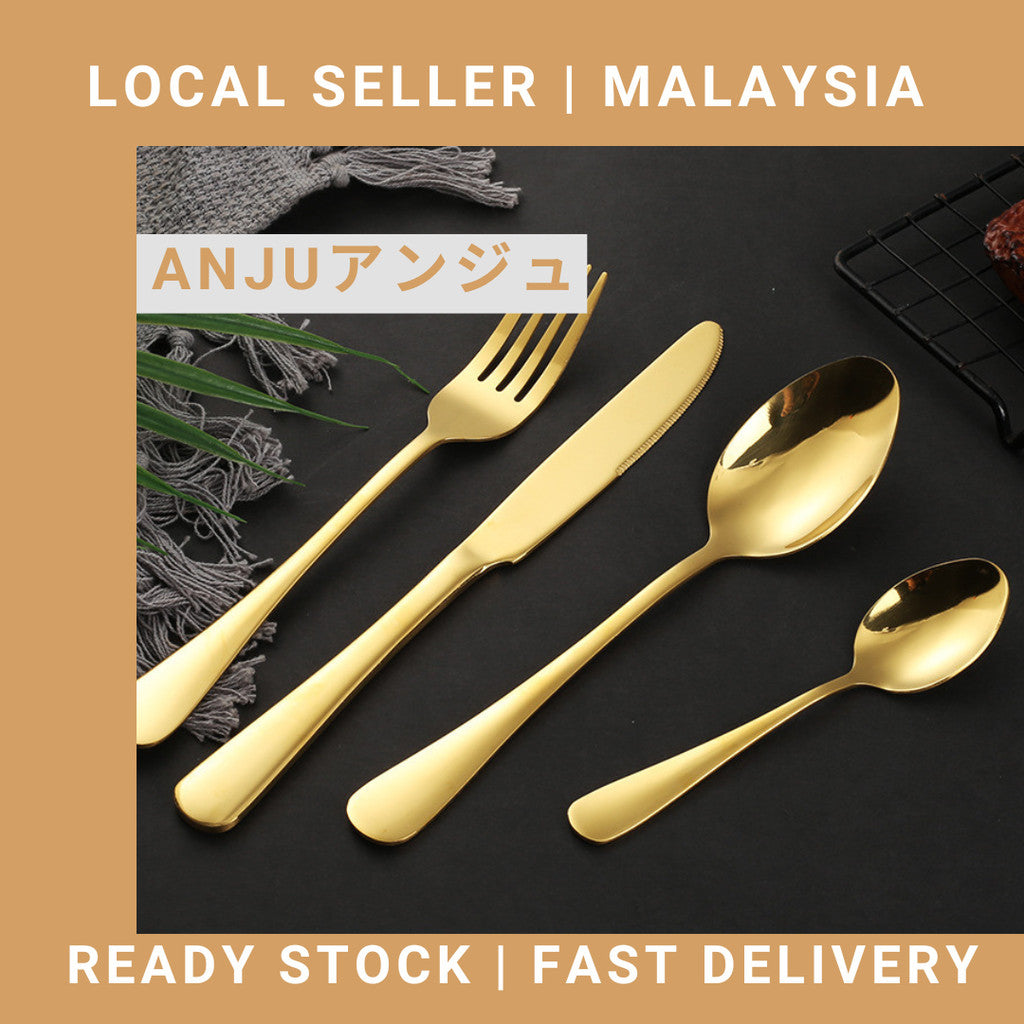 Extra Thick Hotel Quality Set Sudu Garfu Sudu Stainless Steel Spoon Fork Cutlery Tableware Set (40g-Gold)