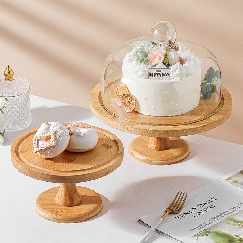 Wooden Cake Stand with Glass Cover Cupcake Stand Display Stand Dessert Plate Food Display Fruit Display Tray