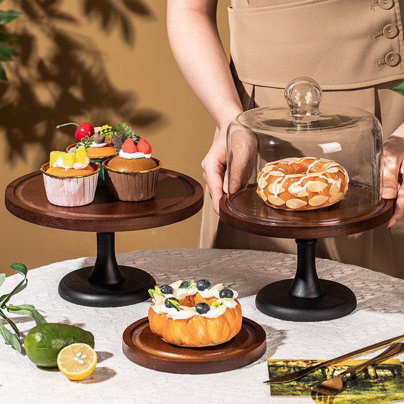 Wooden Cake Stand with Glass Cover Cupcake Stand Display Stand Dessert Plate Food Display Fruit Display Tray