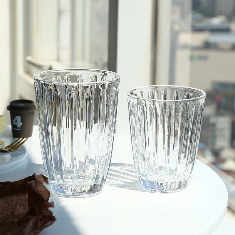 【Glass A+】INS Vintage Drink Glass Cup Coffee Cup Breakfast Cup Embossed Stripped Pattern Glass Premium Drinking