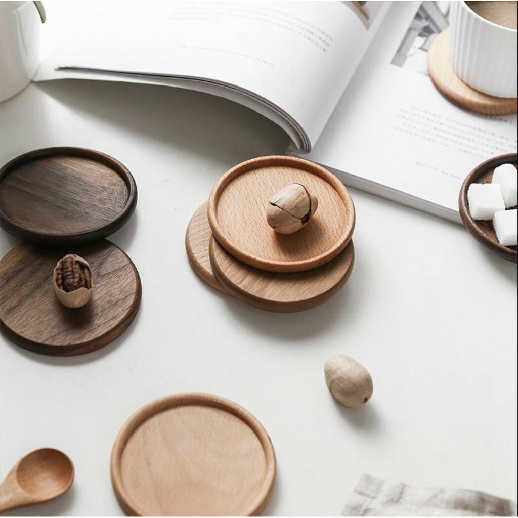 ANJU アンジュ Wooden Coaster/ Plate Beech Black Walnut Wood Coaster Retro Insulation Cup Tray 【Ready Stock🔥】.