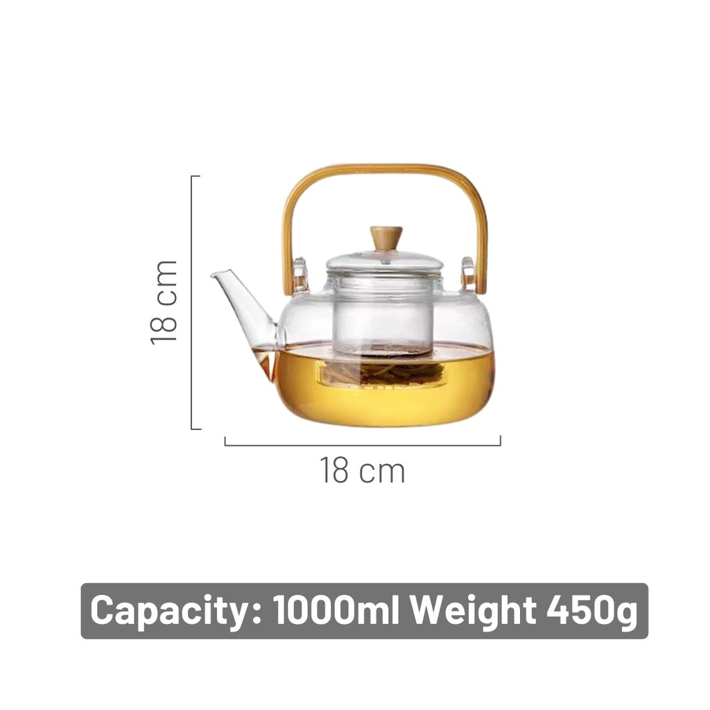 ANJU アンジュ 🔥Suitable gas stove🔥1L/1.6L/1.8L glass teapot water jar thickened jug teko cerek bamboo lid pot flower tea pot