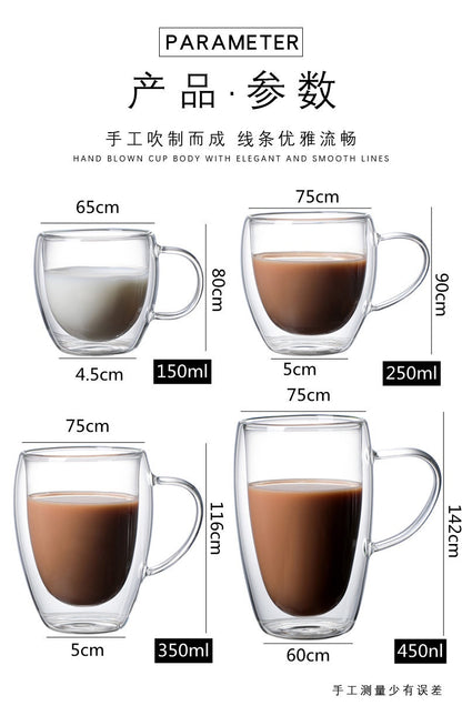 Double Wall Glass Cup Coffee Glass Cup Mug Double Layer Glass Tea Cup Heat Resistant Milk Cup with Handle