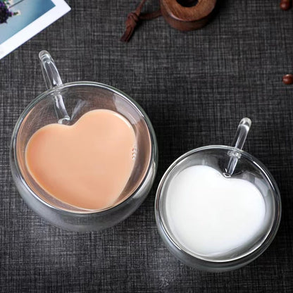 Heart Shape Double Wall Glass Cup Coffee Glass Cup Mug Double Layer Glass Tea Cup Heat Resistant Milk Cup with Handle