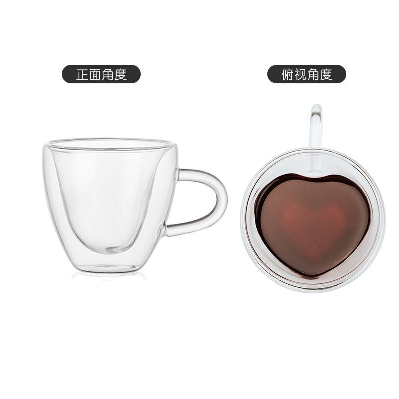 Heart Shape Double Wall Glass Cup Coffee Glass Cup Mug Double Layer Glass Tea Cup Heat Resistant Milk Cup with Handle