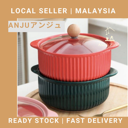 ANJU アンジュ Ready Stock Nordic Style Cute Bowl Ceramic Instant Noodle Bowl With Lid Soup Bowl Mangkuk Lauk Mangkuk Seramik