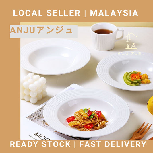 ANJU アンジュ White Ceramic Round Deep Soup Plate Spaghetti Plate/Mushroom Soup Plate/Dessert Plate/Pinggan